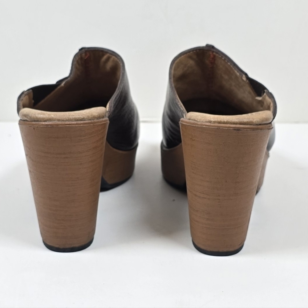 70s Retro Brown Sheepskin Leather Platform Clogs Mules Boho Retro Handmade Sz.6 - Picture 6 of 11